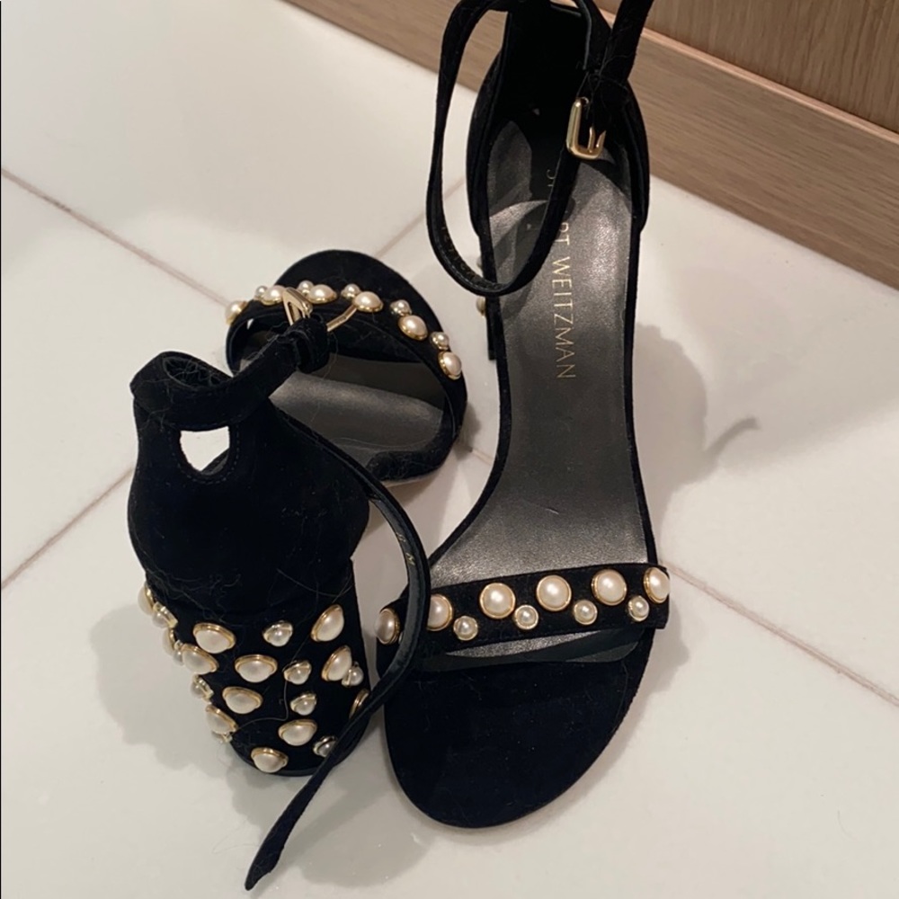 Stuart Weitzman black suede pearl sandals